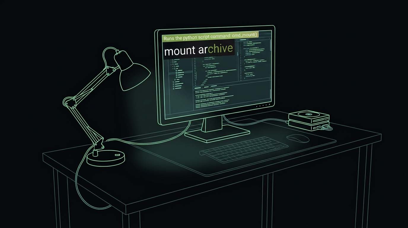 A glowing desk with a monitor showing the Enso overlay running the command "mount archive"