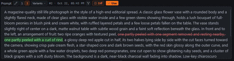 The prompt field showing an earlier prompt as a diff: a removed phrase struck through in red, the new phrase highlighted in green. Above it are the history buttons, the Variants dropdown and the fork button